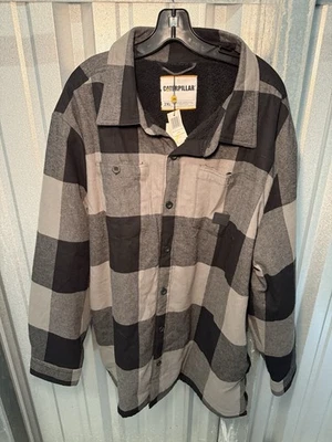 Caterpillar Sherpa-Lined Plaid Flannel Shacket Mens Size 2XL Black Gray - Image 1 of 3