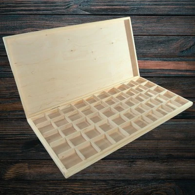 Large Shallow Wooden Box Gemstone Organiser 50 Compartments Display Slim Tray - Image 1 of 4