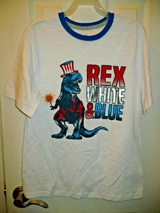 Patriotic Boys Short Sleeve Tee Shirt Medium (8) Rex White & Blue Dinosaur - Picture 1 of 1