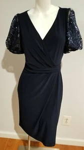 NEW LAUREN RALPH LAUREN SHEER PUFF SHORT SLEEVE NAVY STRETCH SHEATH DRESS SIZE 2 - Picture 1 of 4