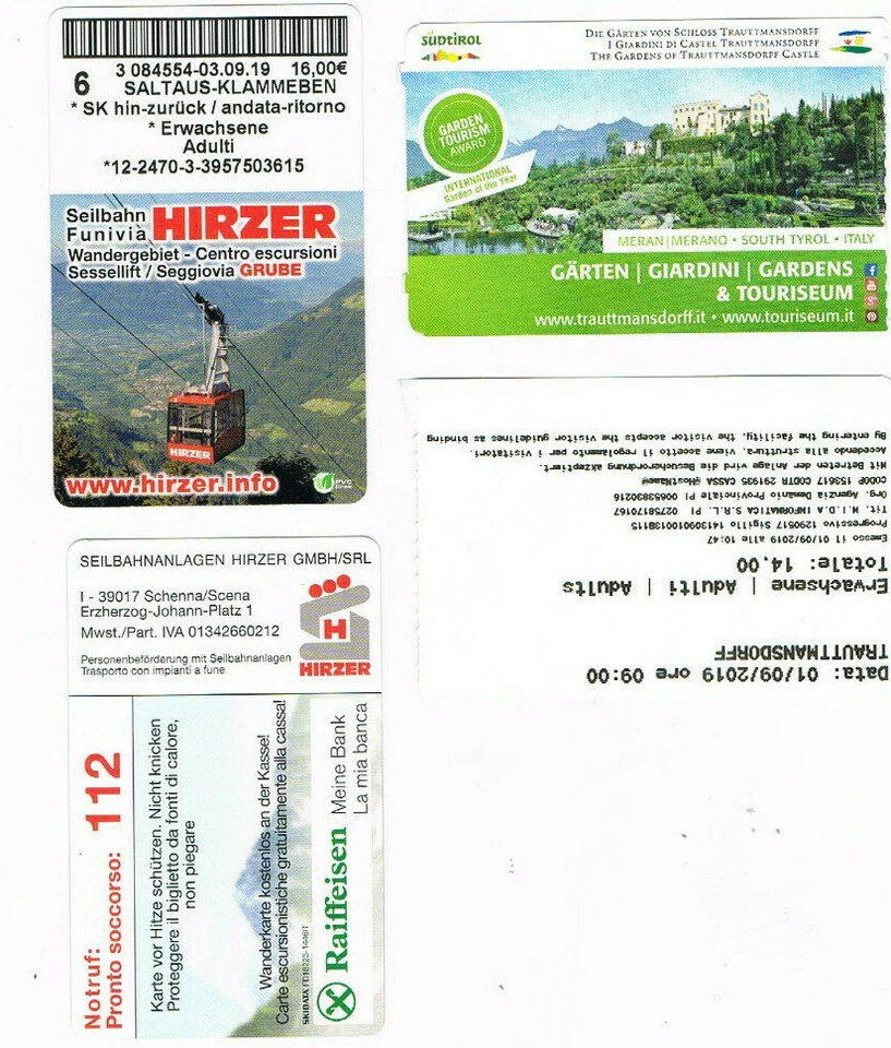 2 Tickets aus Südtirol, Seilbahn Hirzer+Gärten Trauttmansdorff,benutzt,schönesMo - Bild 1 von 1