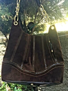 MAXX NY~Espresso Suede+Patent LEATHER~Gold~HOBO SHOULDER Tote BAG~$NEW 16"W12"H - Picture 1 of 9