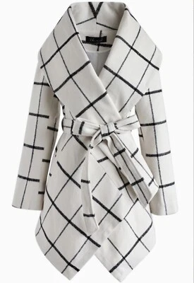 NWOT! XS 2-4 Chicwish PRAIRIE GRID RABATO COAT WHITE Wool Shawl Collar Wrap Tie! - Image 1 of 4