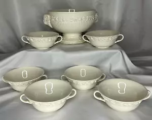 Tazón central de pedestal 1940 con asas de RAM y 6 cuencos para servir de Wedgwood, 7 piezas - Imagen 1 de 17
