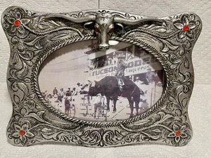 Picture Frame Western Themed Longhorn Steer Rodeo for 6x4” Photo Red Gem Accents - Picture 1 of 6
