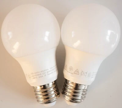 2 x Ikea RYET E27 7.5W, 60Lm, Warm White LED Light Bulb, Globe Opal Frosted Pair - Image 1 of 4
