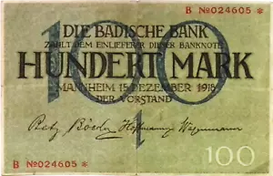 1918 Germany BADEN 100 Mark Banknote - Picture 1 of 2