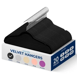 SereneLife 20 Pcs. Velvet Hangers - Non-Slip, Sturdy w/ 60° Swivel Hook (Black) - Picture 1 of 7