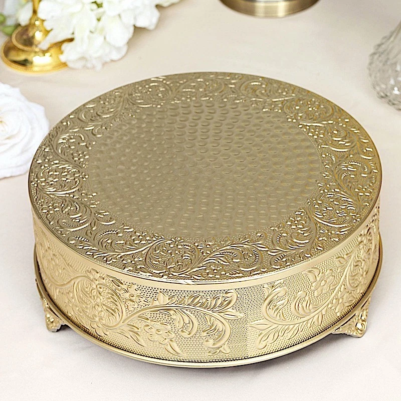 GOLD 14" wide Round Floral Embossed Cake Stand Cupcake Display Wedding Party - Image 1 of 4