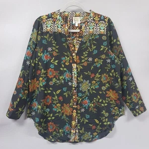 Fig & Flower Anthropologie Damenoberteil geknöpft Größe Small schwarz Blumenmuster Rollriegel - Bild 1 von 12