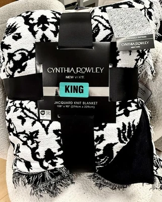 CYNTHIA ROWLEY Halloween Jacquard Knit KING Black & White Skull Web  Blanket NWT - Image 1 of 4