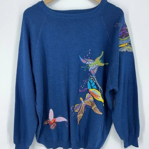 Maglione vintage Cyn Les Shirlee ricamato FARFALLA blu taglia 22 - Foto 1 di 8