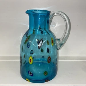 Millefiori Art Glass Pitcher Murano Turquoise Hand Blown Vintage Large 9.5” H - Bild 1 von 13
