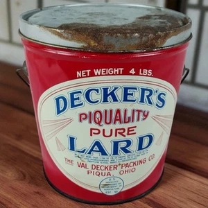 vintage VAL DECKER'S PIQUALITY PURE LARD 4 LBS CAN ADVERTISING tin PIQUA OHIO - Picture 1 of 14