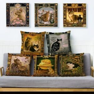 Cute Cartoon Oil Painting Cat Print Throw Cushion Cover Linen Home Decor 