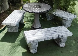 Concrete Outdoor Setting. 4x Two Seater Bench Seats, 1x Round Table. - Picture 1 of 4