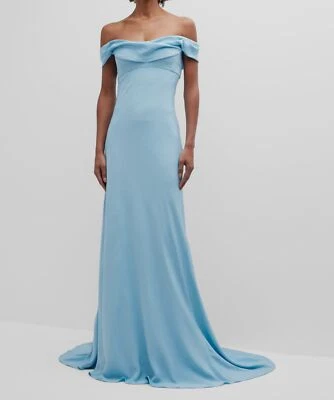 $4796 Monique Lhuillier Women's Blue Draped Off-Shoulder Silk Gown Dress Size 4 - Image 1 of 4