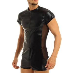 Sexy Men PVC Leather Catsuit Bodysuit One-Piece Leotard Jumpsuit Dance Clubwear - Picture 1 of 19