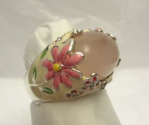 VTG David Sigal Sterling Silver 925 Rose Quartz Enamel Ring Size 8 Pink Flower - Picture 1 of 7