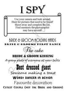 12 x A6 TEXT Wedding I Spy Game Camera Game Table Favour Cards Fun Activity - Picture 1 of 1