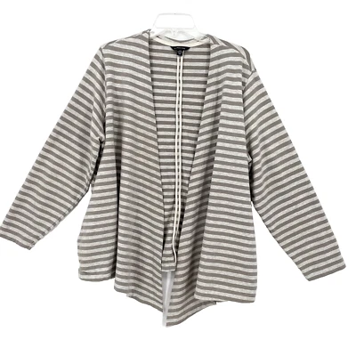 Cárdigan tejido Lands End gris y topo a rayas frente abierto talla 2X bolsillos Foto 1 de 4