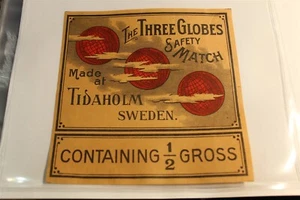 THE THREE GLOBES SWEDEN VINTAGE MATCHBOX LABEL TAPE STAIN ON BACK - LARGE SIZE - Picture 1 of 1
