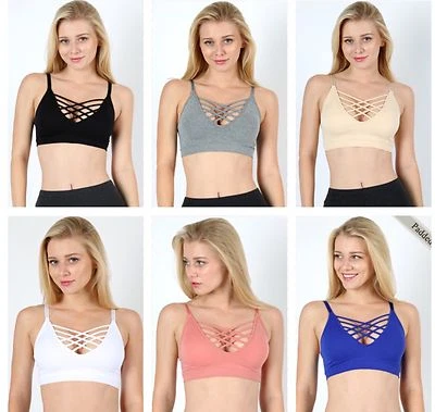 Bralette Criss Cross Enjaulado Frontal V Enrejado Malla Detalle Trasero con Almohadillas Extraíbles Foto 1 de 4