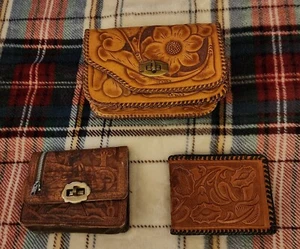 SET OF 3 ~ HAND TOOLED LEATHER STAMPED VINTAGE MEXICAN WALLET & MINI PURSES - Picture 1 of 21