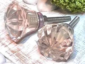 2 VTG Soft Pink Cut Glass Dresser Knobs Cabinet door pulls Furniture Hardware - Picture 1 of 20
