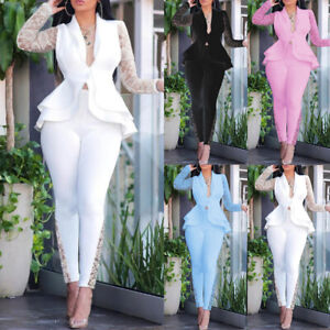 Plus Women Lace Suit Ruffle Long Tops Blazer Cardigan Sleeve Pants Formal Set