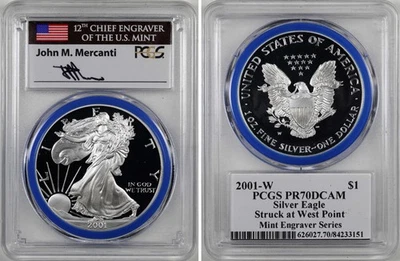 2001-W Prueba Silver Eagle PCGS PF70 Serie Grabador Junta Azul Foto 1 de 4