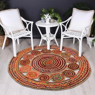 Round Rug Design Jute & Cotton Carpet Handmade Living Area Dinning Room Rugs - Image 1 of 4