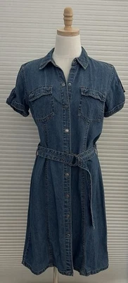 Vintage Faded Glory Short Sleeve Belted Denim Shirt Dress Blue Snap 12 - Image 1 of 4