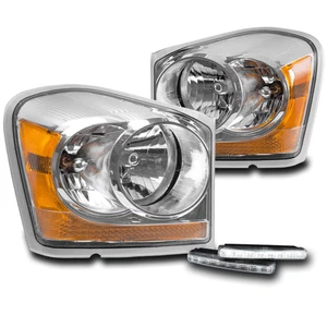 FOR 2004-2005 DURANGO CRYSTAL STYLE CHROME HEADLIGHTS LAMPS+BUMPER LED DRL KIT - Picture 1 of 4