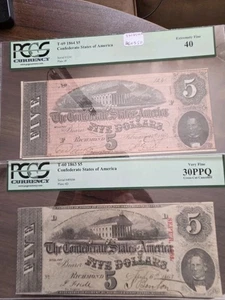 2 CONFEDERATE STATES OF AMERICA, T-60 1863 $5 VF30PPQ,, T-69 1864 $5 EF40 PCGS - Picture 1 of 14