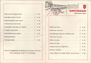 MOTEL AMSTERDAM, PAÍSES BAJOS menú vintage de café, postres y bebidas años 60 - Imagen 1 de 2