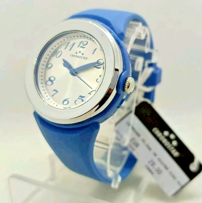 OROLOGIO DONNA CHRONOSTAR QUADRANTE ARGENTO SOLEIL CASSA 35mm CINTURINO AZZURRO - Immagine 1 di 4