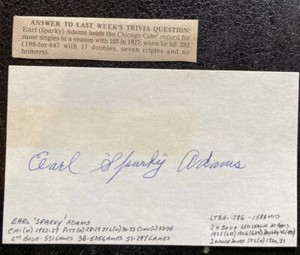 Sparky Adams d.1989 signed autograph index card Chicago Cubs, St. Louis Cards