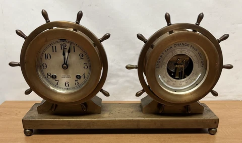 CHELSEA VINTAGE SHIPS BELL CLOCK & BAROMETER SET WORKING Cover