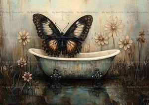 BUTTERFLY BATHTUB ART PRINT, Fantasy Insect Bathroom Decor, Cottagecore Poster - Picture 1 of 2