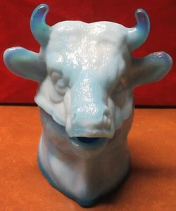 Vintage Blue Slag Milk Glass "BULL" Figure Condiment Mustard Mini Tureen Dish - Picture 1 of 6