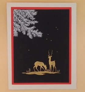 Vintage Christmas Card Front, Two Golden Deer On Black Background - No Back, #3 - Picture 1 of 2