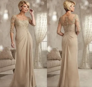 Champagne Mother of The Bride Dresses Plus Size 2023 Chiffon Half Sleeves Groom - Picture 1 of 9