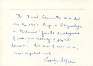 Rosalyn Sussman Yalow Premio Nobel de Medicina Radioinmunoensayo Firmado Autógrafo ANQ - Imagen 1 de 1