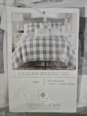 Farmhouse Bedding- Levtex Home Camden Buffalo Check King - Gray / White — 第 1/4 张图片