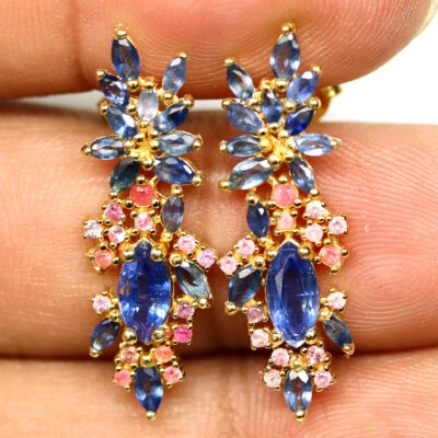 925 Sterling Silver Blue Kyanite & Sapphire Earrings 18K Gold Plated - Image 1 of 4