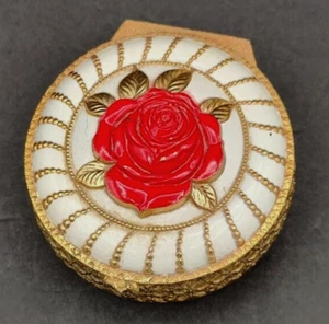 Vintage Schmuck Schmuck Schmuckkästchen Rot Rose Emaille Metall Fuß verziert Samt - Bild 1 von 10