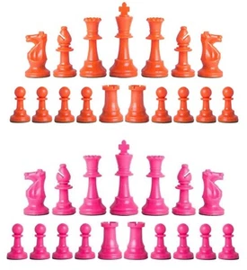 Staunton Triple Weighted Chess Pieces – Full Set Orange & Pink - 4 Queens - Picture 1 of 3