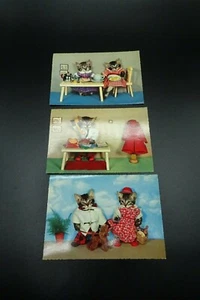 3 Vintage Krüger anthropomorphe Tabby Katzen / verkleidete Katzen / Postkarten - Bild 1 von 12