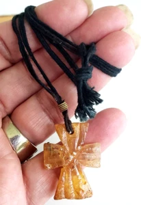 Vintage Raw Honey Amber Cross Pendant Necklace Black Cord 27" Knot Clasp - Picture 1 of 6